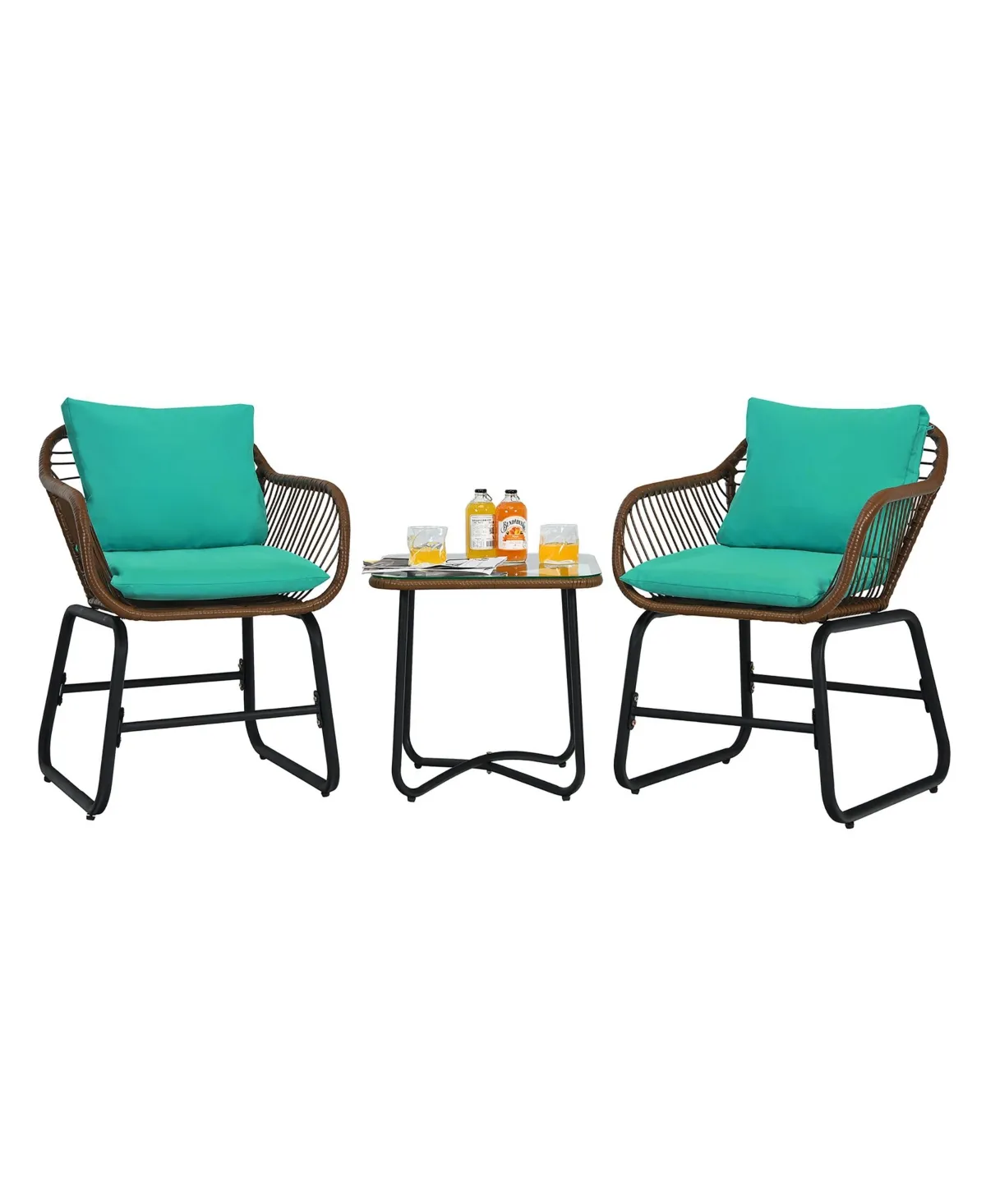 3pcs Patio Rattan Bistro Set Cushioned Chair Glass Table Deck In Turquoise