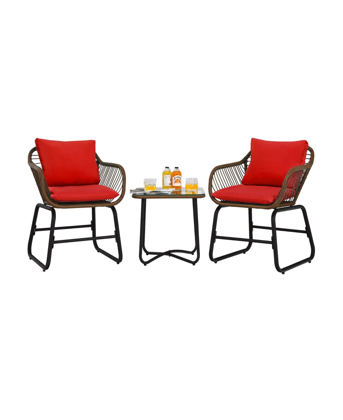 3pcs Patio Rattan Bistro Set Cushioned Chair Glass Table Deck In Red