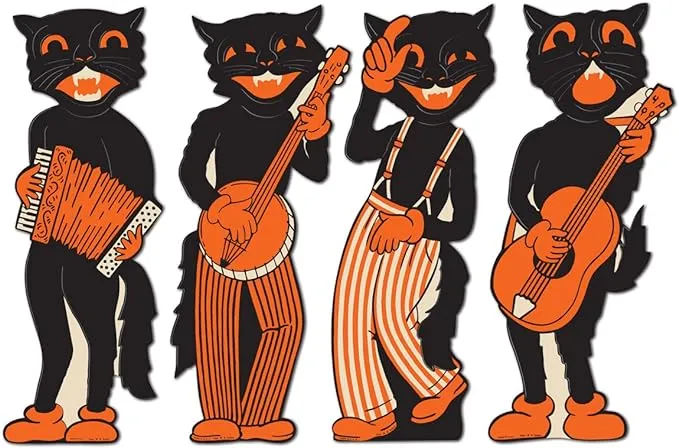 Beistle 4 Piece VINTAGE Halloween Decorations Scat Cat Band Cardstock Paper Cut Out Wall Decorations