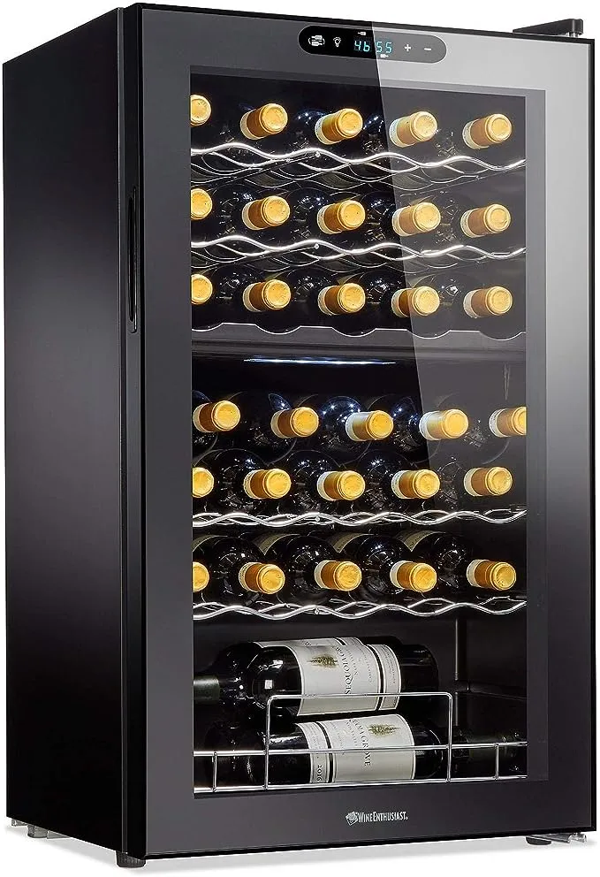 Wine Enthusiast 32-Bottle Dual Zone MAX Compressor Wine Cooler - Freestanding Refrigerator with Split Storage & Temperature, Digital Touchscreen, & LED Display