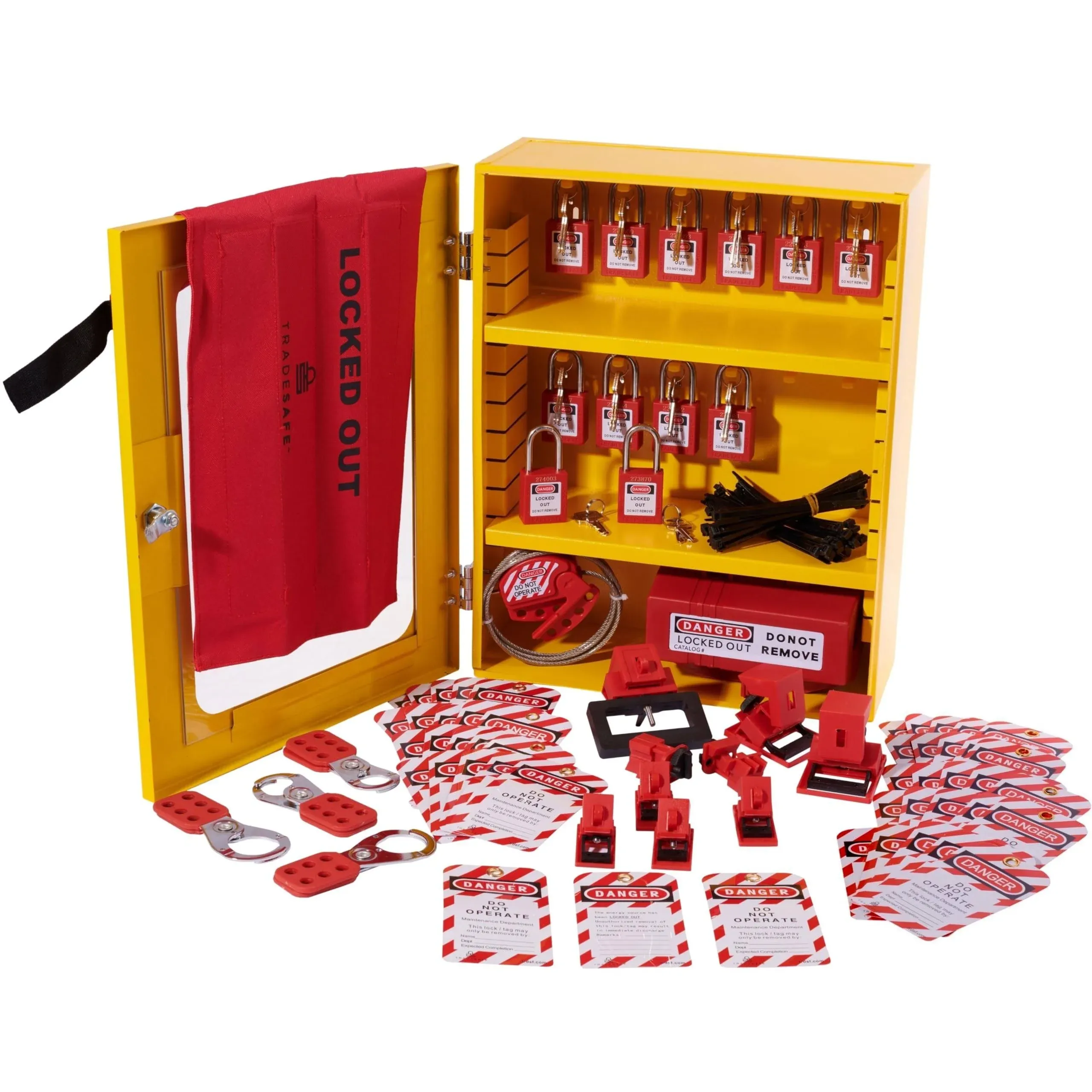 TRADESAFE Lockout Tagout Cabinet - 75 Pieces Loto Devices, Loto Locks, Lockout Hasp, Lock Out Tags, Circuit Breaker Lock, Cable Lock, Plug Lock, Lockout Tagout Station with Movable Shelf Partitions