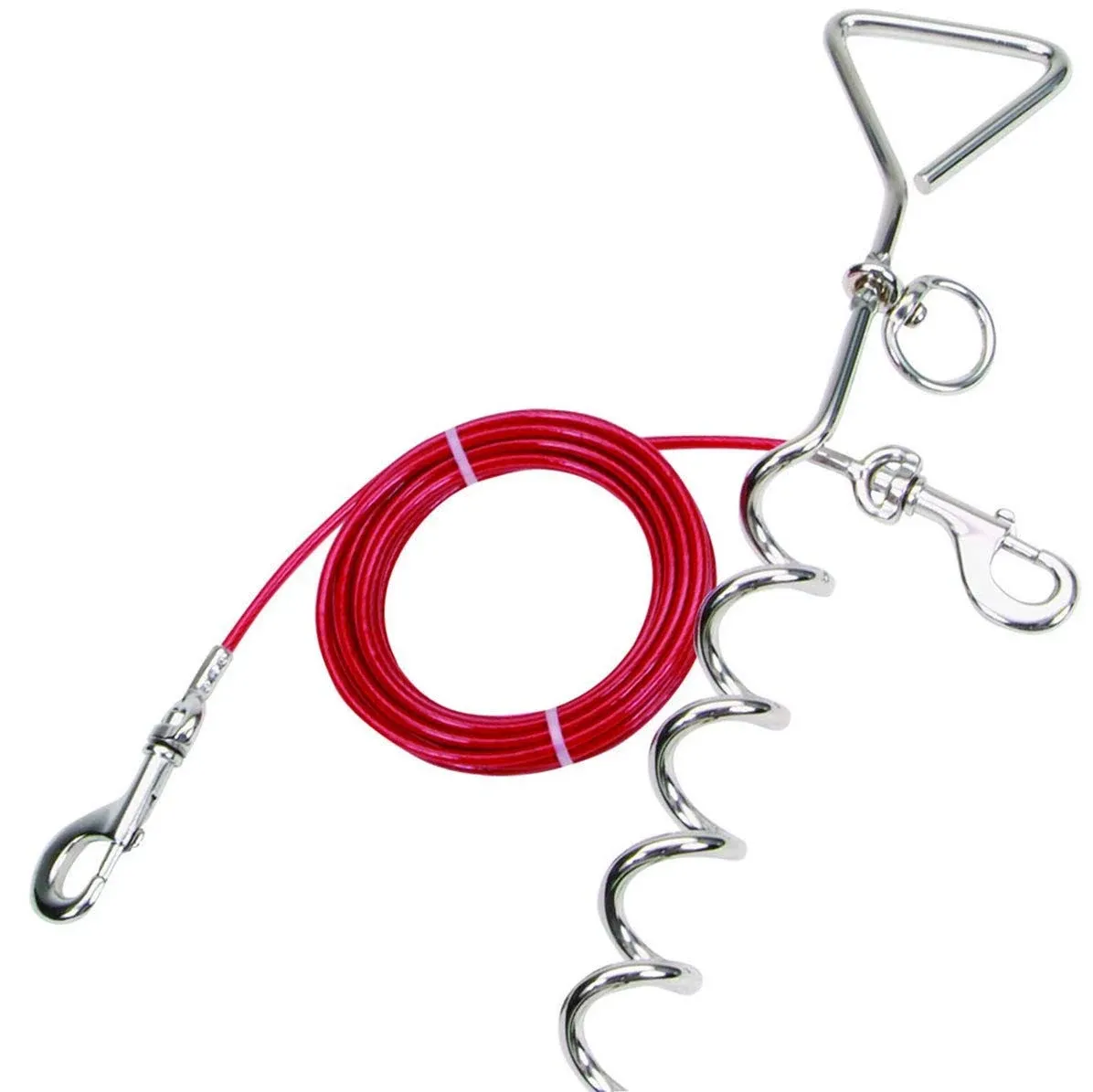 Katzco Chrome Dog Stake with Leash Lead - Red, 25 Foot Cable with 80 lb Pull Strength - Heavy-Duty Outdoor Tie-Out - for