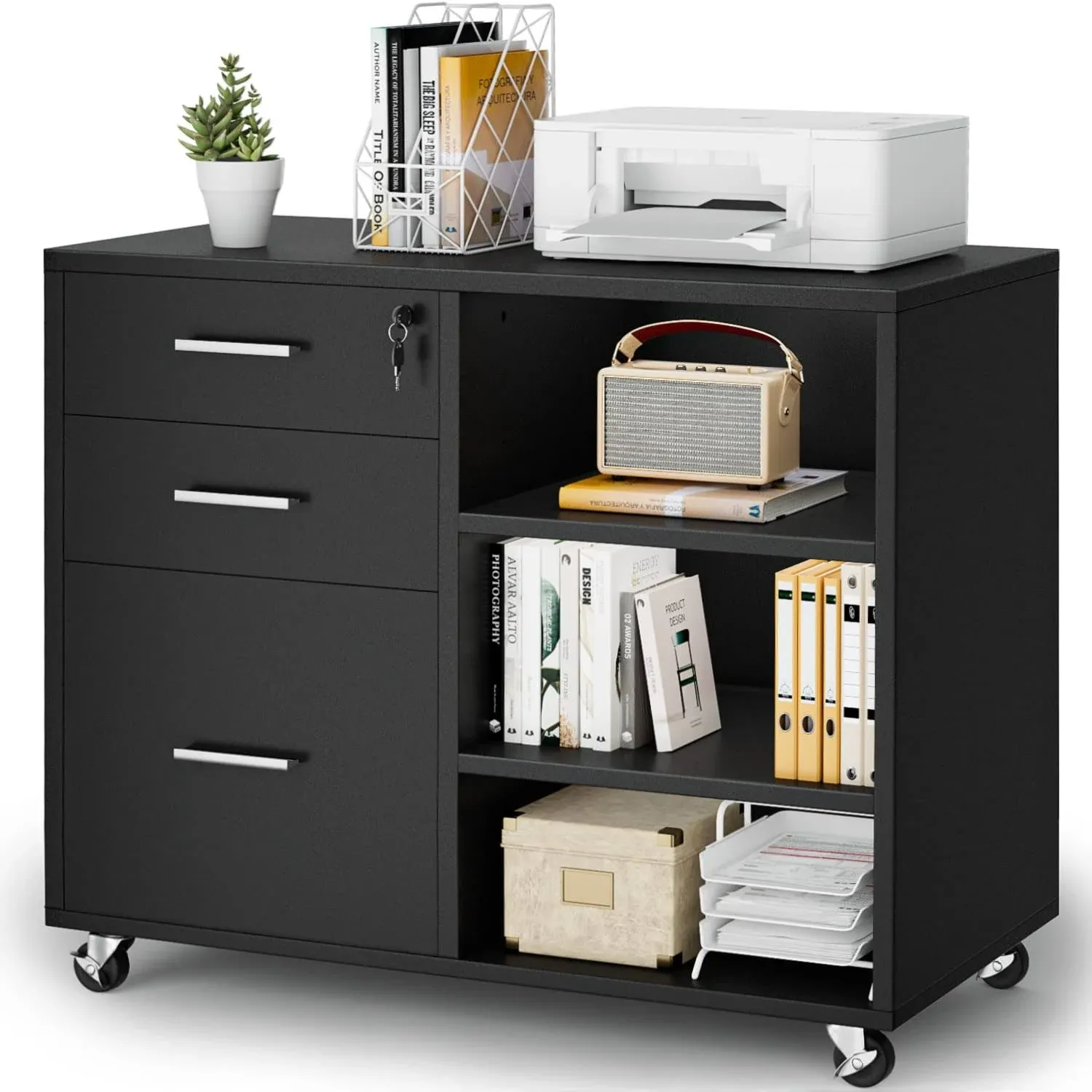 3 Drawer Mobile File Cabinet, Wood Lateral Printer Adjustable Open Storage Shelf, Lockable Wheels for Home Office, Black