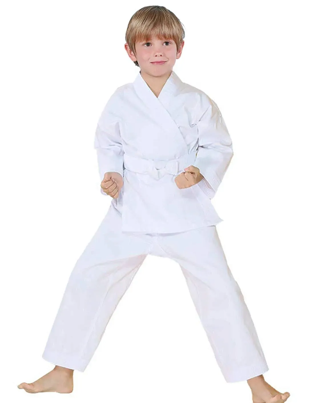 FLUORY Karate Uniform with Belt, White Karate Gi for Adult & Children Size 000-6