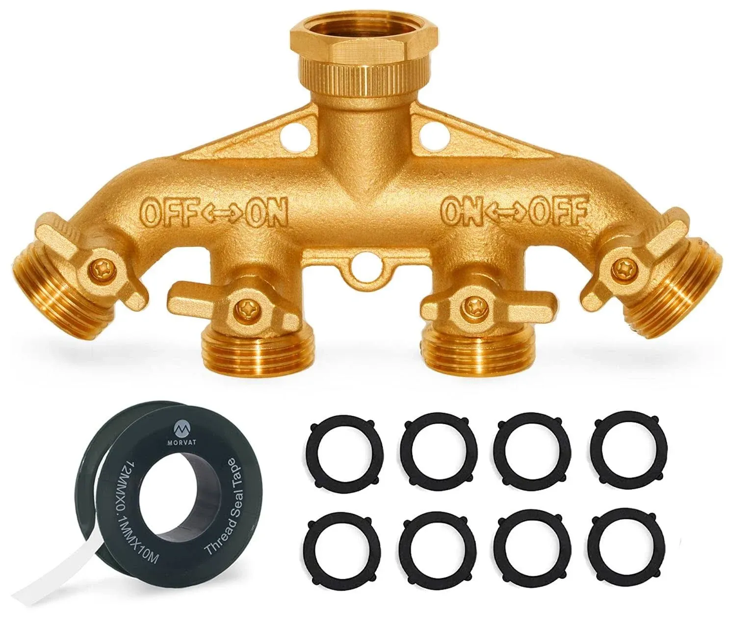 Morvat Garden Hose Connector Tap Splitter (4-Way), Hose Manifold, Heavy Duty Brass, Water Hose Splitter, Outlet Splitter, Includes Extra 8 Rubber Washers