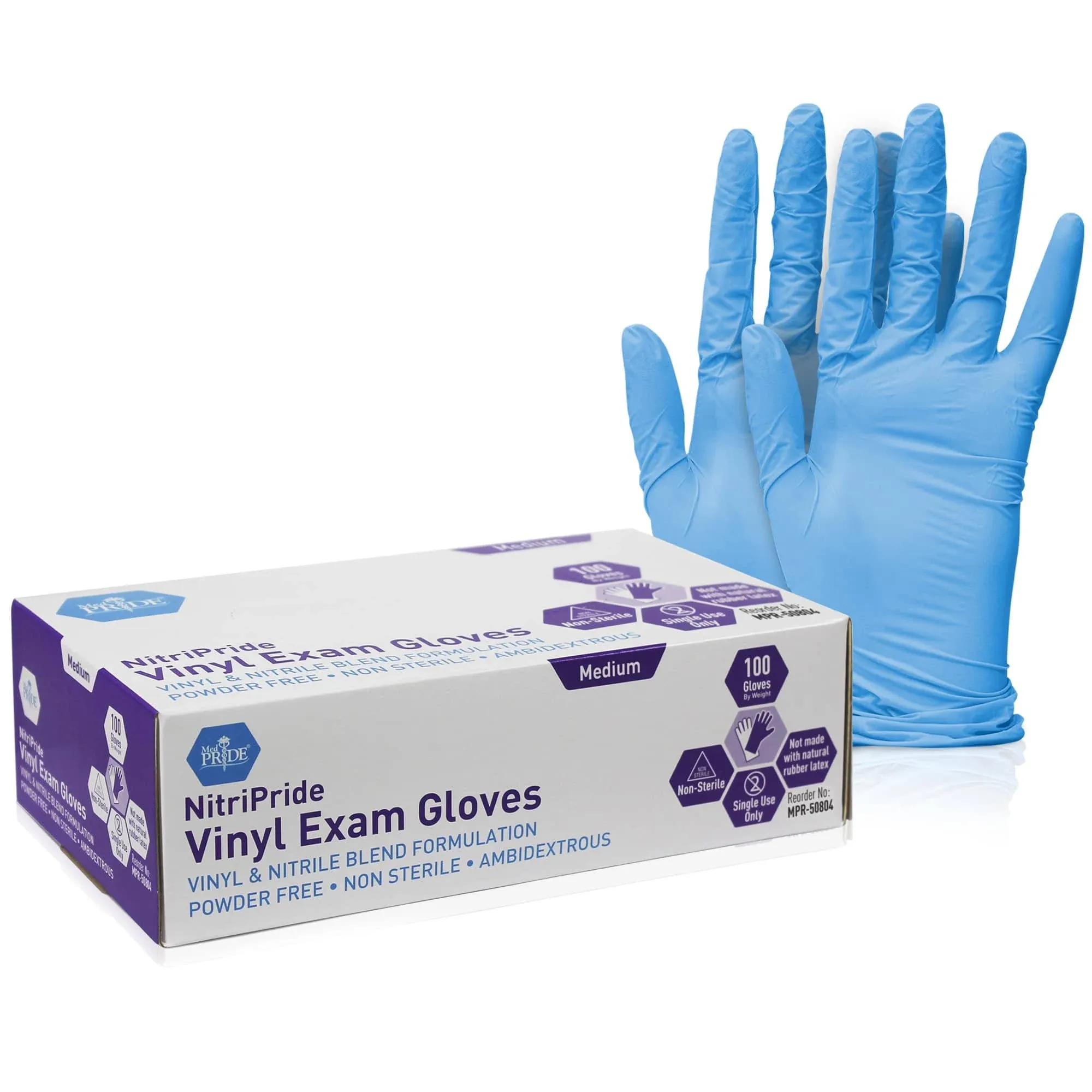 MED PRIDE NitriPride Nitrile-Vinyl Blend Exam Glove, Small 100 - Powder Free, Latex Free & Rubber Free - Single Use Non-Sterile Protective Gloves for Medical Use, Cooking, Cleaning & More