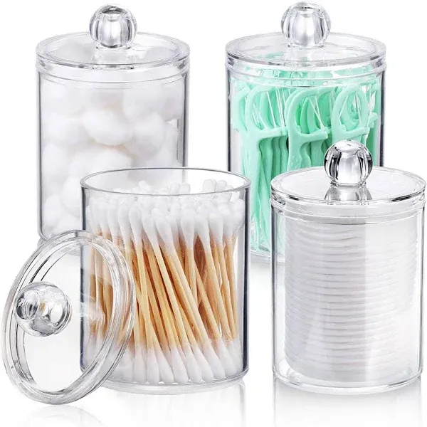 4 Pcs, 10 OZ Qtip Holder Dispenser for Cotton Ball, Cotton Swab, Cotton Round Pads, Floss - Clear Plastic Apothecary Jar Set for Bathroom Canister Storage Organization, Vanity Makeup Organizer