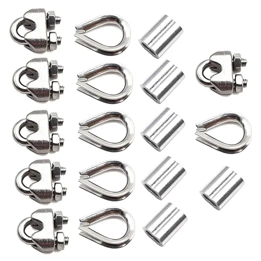 304 Stainless Steel Wire Rope Accessory Set M6 Cable Clamp Silver Thimble and Aluminum Crimping Loop for 1/4 Inch Wire Rope Cable Thimbles Rigging