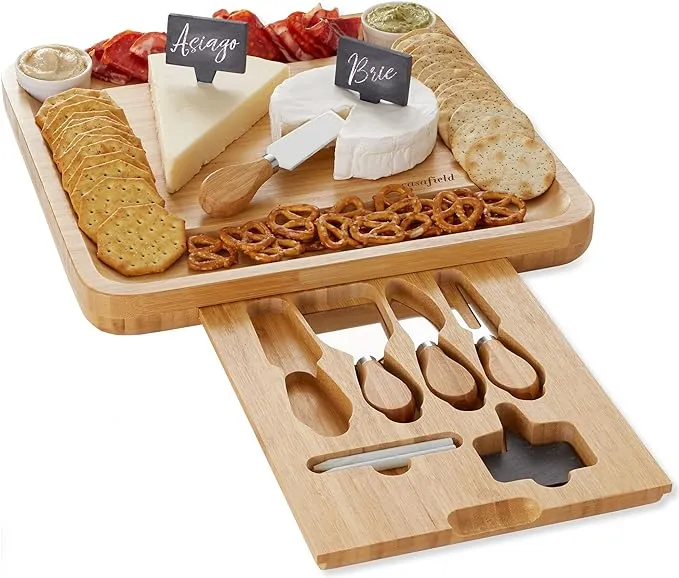 Casafield Bamboo Cheese Board Gift Set - Organic Charcuterie Platter Serving Tray for Meat, Fruit & Crackers - Includes 2 Ceramic Bowls, 4.