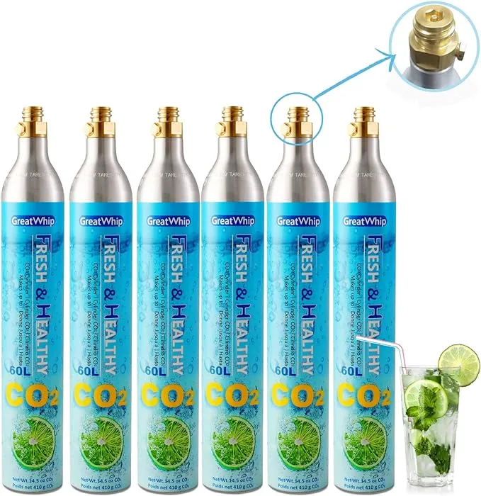 GreatWhip 60L CO2 Cylinder For Sodastream, Exchange Carbonator Compatible With SodaMaker Appliance, Threaded Cylinders, Set of 6