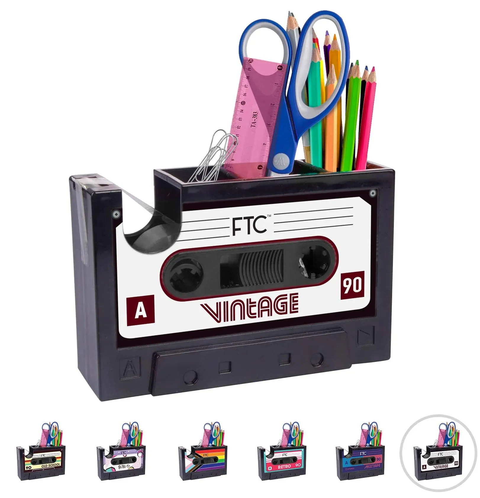 FTC Fun Cassette Tape Dispenser - Retro Office Supplies Holder - Vintage Desk Decor Accessories - 6.70" x 1.98" x 4.53" (Vintage)