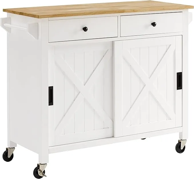 CROSLEY FURNITURE Kitchen Rectangle Island Laurel Solid Wood White Matte Finish