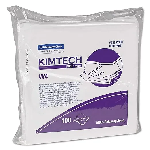 Kimberly-Clark Kimtech 33330 Pure Disposable Wiper with W4 Dry, 12" Length x 12" Width, White, (5 Pack of 100)