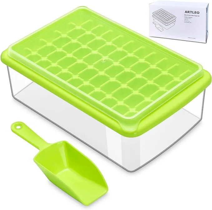 ARTLEO Ice Cube Tray with Lid & Bin for Freezer, Easy Release 55 Nugget Ice Tray with Cover, Storage Container, Scoop. Small Ice Cube Maker Tray & Mold. Flexable Durable Plastic, BPA Free, 1 Tier