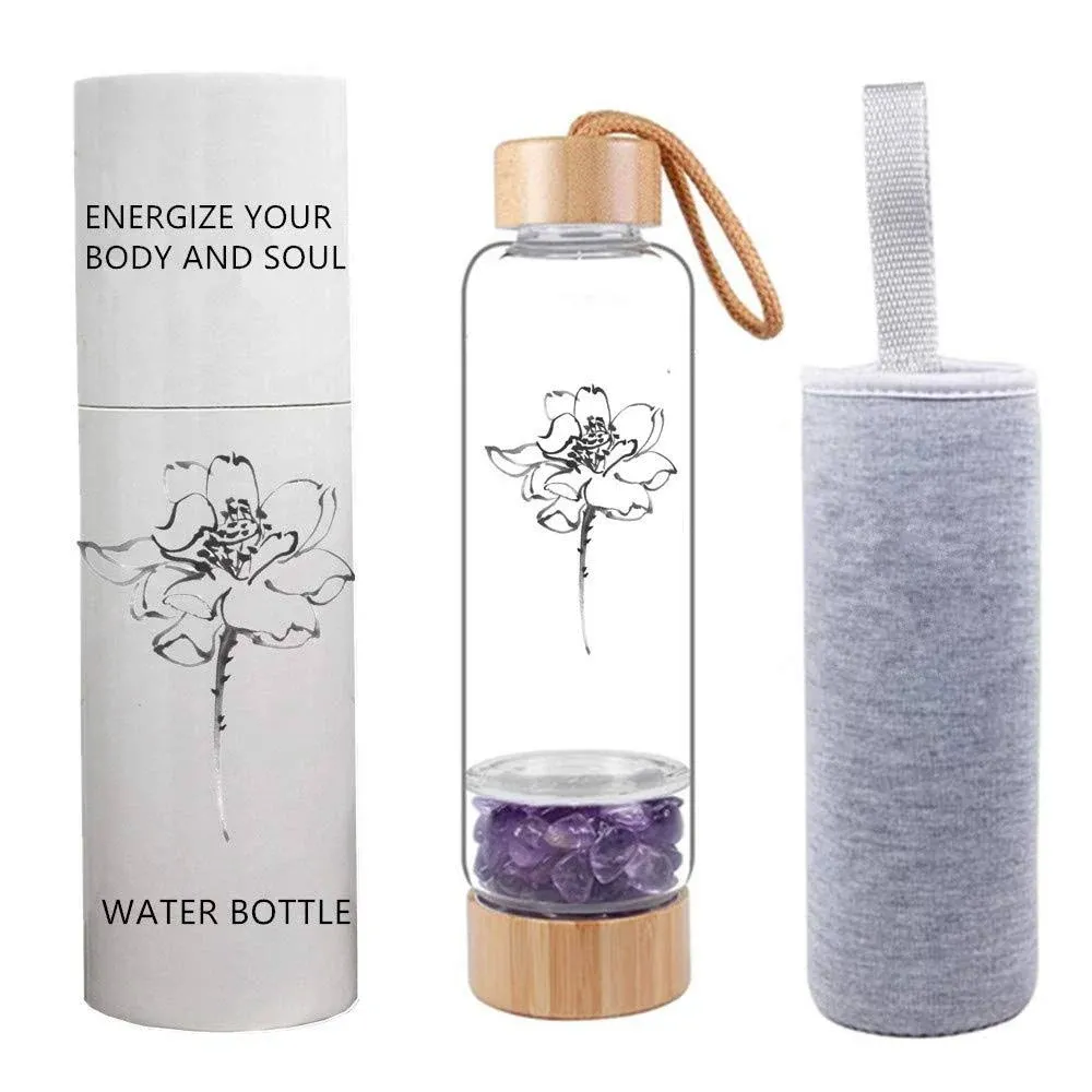 AITELEI Bamboo Wellness Crystal Elixir Infused Gem Water Bottle, Natural Gemstone Crystal Water Bottle Quartz Gravel Gemstone Healing Glass, Energy