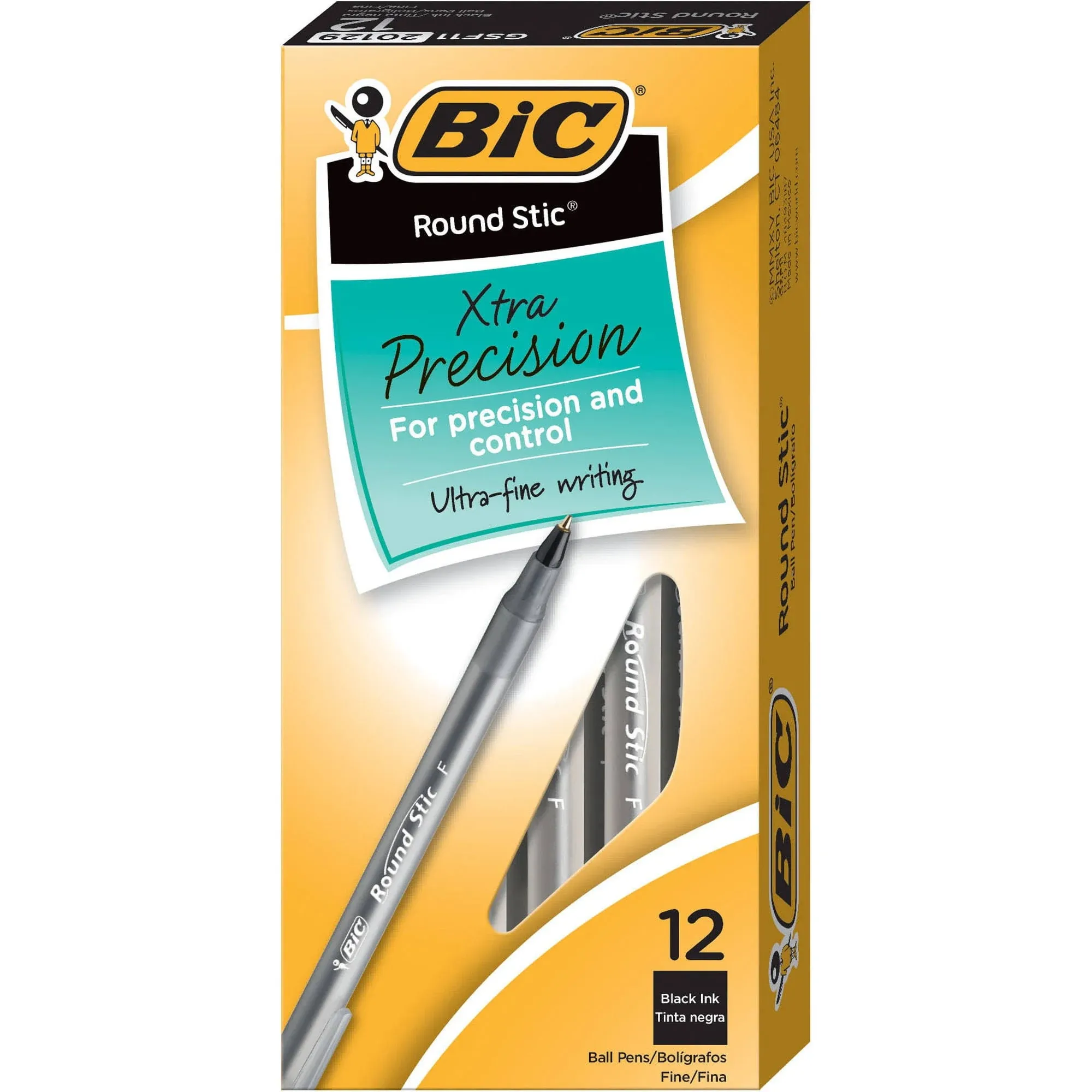 BIC Round Stic Ball Pen, Fine Point, 0.8 mm, Black Ink, Pack of 12