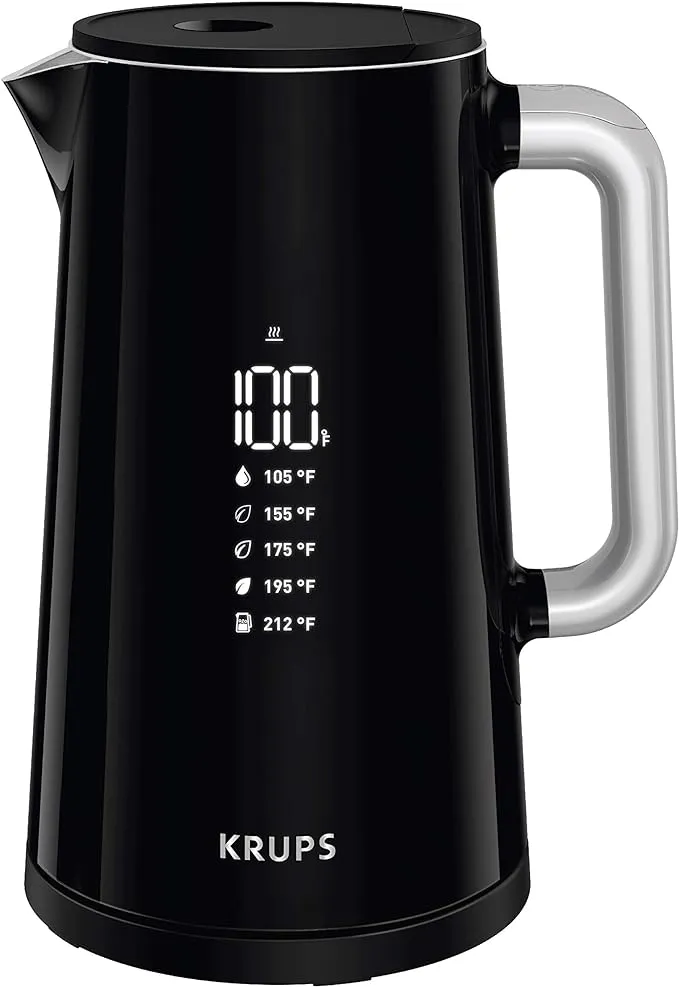 KRUPS: 1.7L Electric Kettle, Smart Temp Plastic and Stainless Steel Electric Kettle, Electric Tea Kettle, Cordless Black Temperature Control Tea Kettle