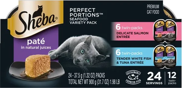 SHEBA PERFECT PORTIONS Paté Adult Wet Cat Food Trays (24 Count, 48 Servings), Savory Chicken and Roasted Turkey Entrée, Easy Peel Twin-Pack Trays