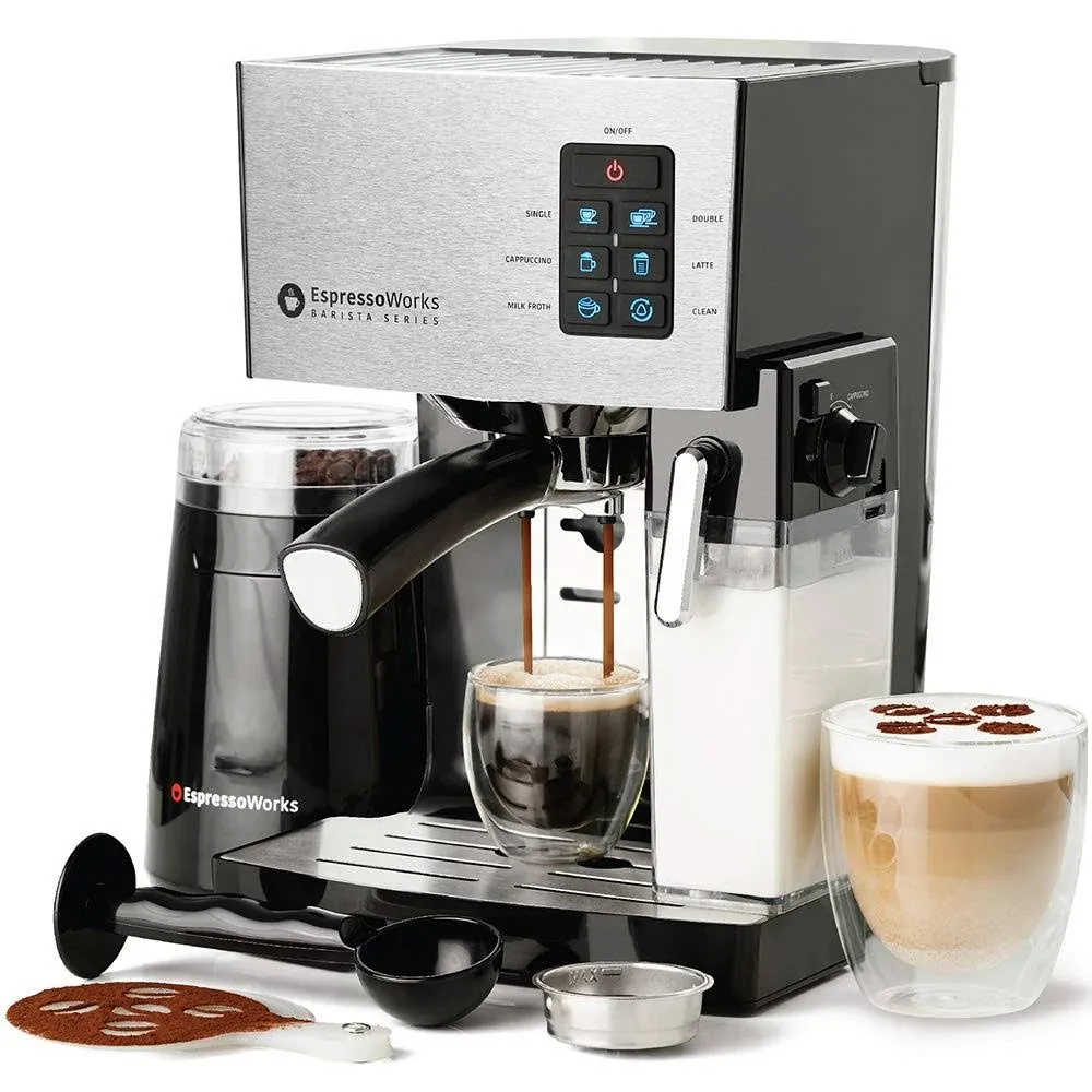 EspressoWorks 19-Bar Espresso, Cappuccino and Latte Maker 10-Piece Set - Brew Cappuccino and Latte with One Button - Espresso Machine with Milk Steamer 1250W - Coffee Gifts (Silver)