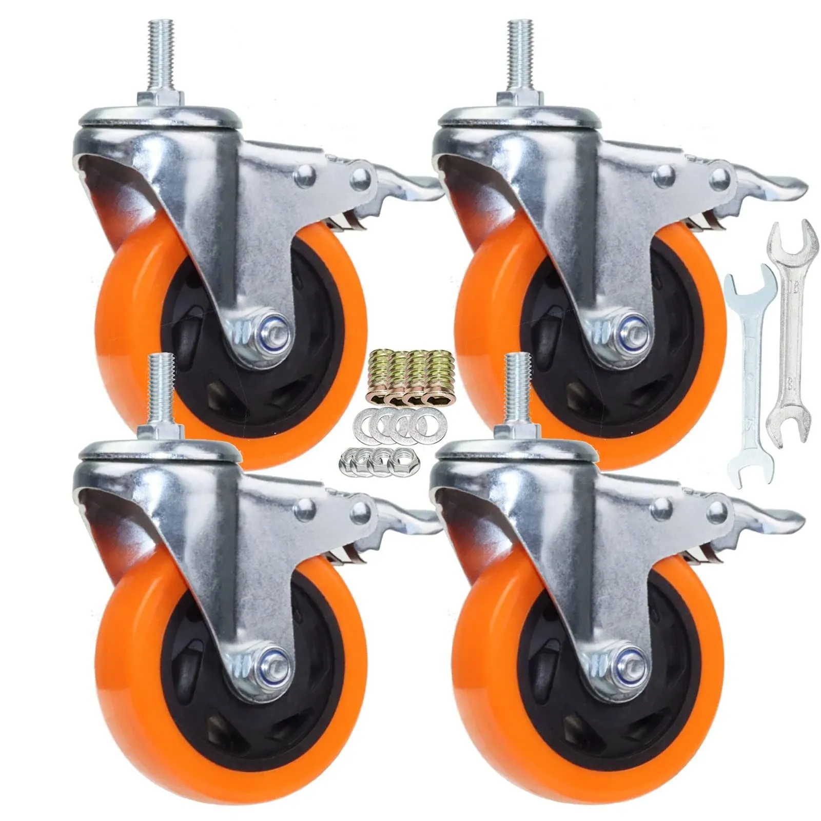 Heavy Duty Stem Caster Wheels M10-1.5X25mm Dual Locking No Noise PVC Threaded Stem Caster Wheels Pack of 4 for Workbench, Dolly, Furniture (4 Inch, Orange)