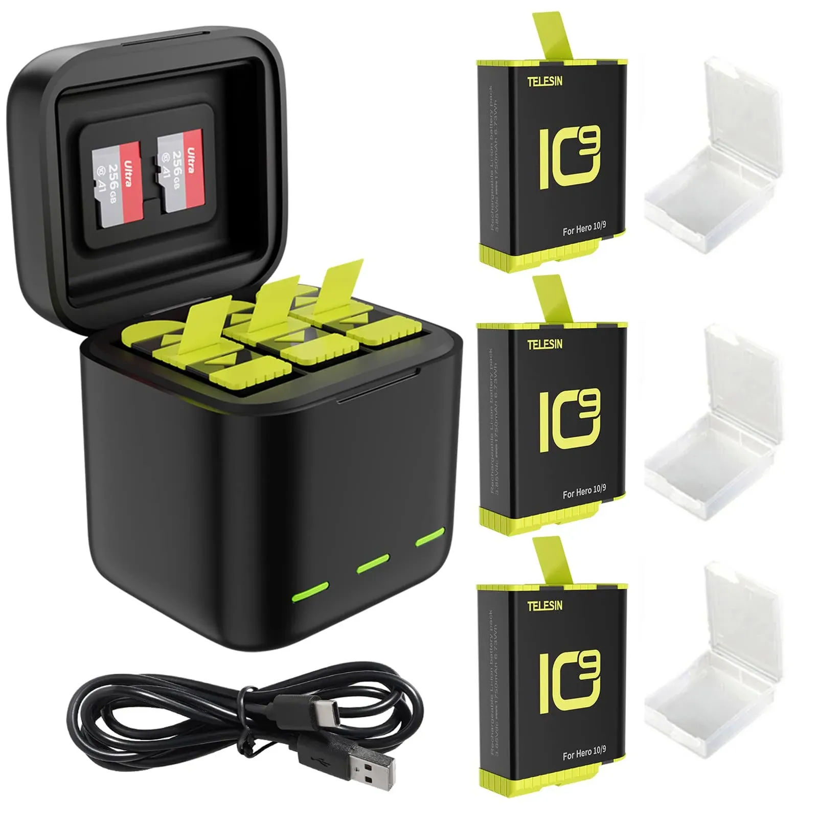 TELESIN 3 Pack Charger Battery Set For Go Pro Hero 10 Hero 9 Black, Triple ...