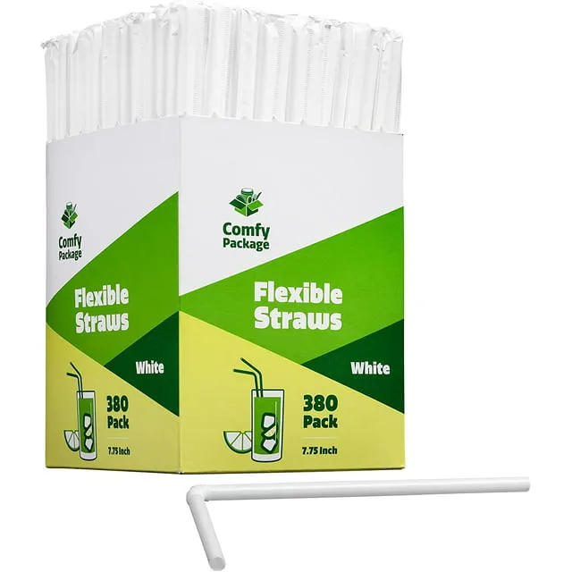 Comfy Package 380 Pack Individually Wrapped Disposable Plastic Flexible Drinking Straws