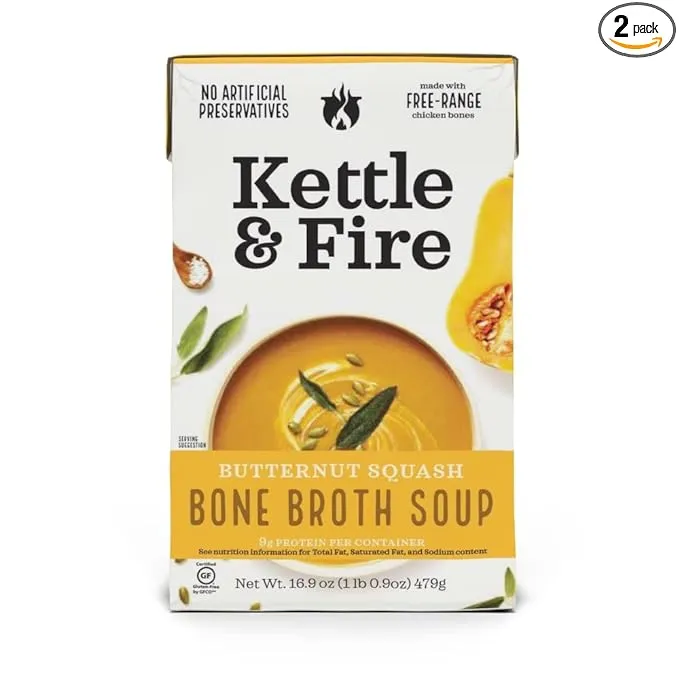 Butternut Squash Chicken Bone Broth Soup by Kettle and Fire, Pack of 2, Gluten Free Collagen Soup on The Go, Paleo, 9 G of Protein, 16.2 fl oz