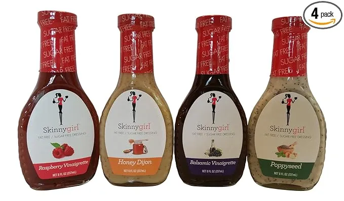 Skinnygirl Low Carb, Fat Free, Sugar Free, Salad Dressing Bundle: Variety Pack (4) 8oz Bottles, One Balsamic Vinaigrette, One Poppyseed, One Honey Dijon and One Raspberry Vinaigrette