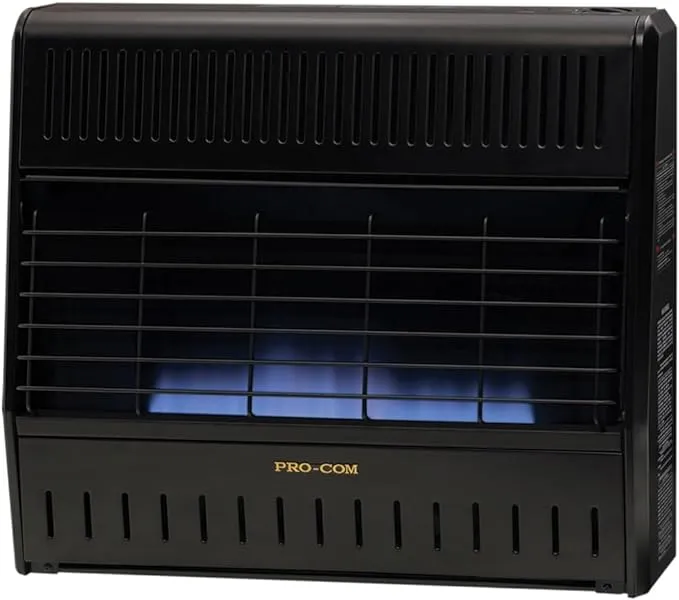 ProCom MNSD300TGA Ventless Propane Gas Blue Flame Space Heater with Thermostat Control for Living Room, Bedroom, Home Office, 30000 BTU, Heats Up to 1000 Sq. Ft., Includes Wall Mount, Black