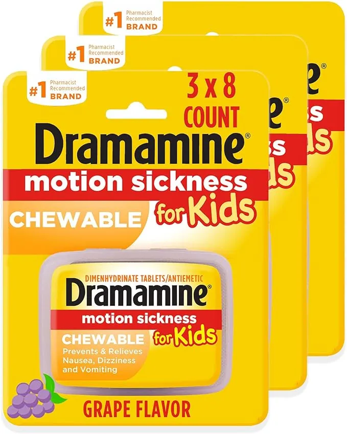 Dramamine Motion Sickness for Kids, Chewable, Dye Free, Grape Flavored, 8 Count (Pack of 3)