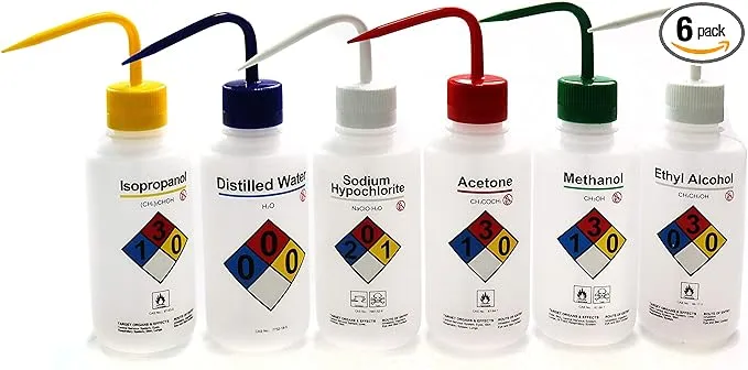 ULAB Scientific Right-to-Know Safety Wash Bottle Set, Acetone, Ethyl Alcohol, Methanol, Isopropanol, Distilled Water, Sodium Hypochloride, Vol.500ml with Draw Tube, UWB1001