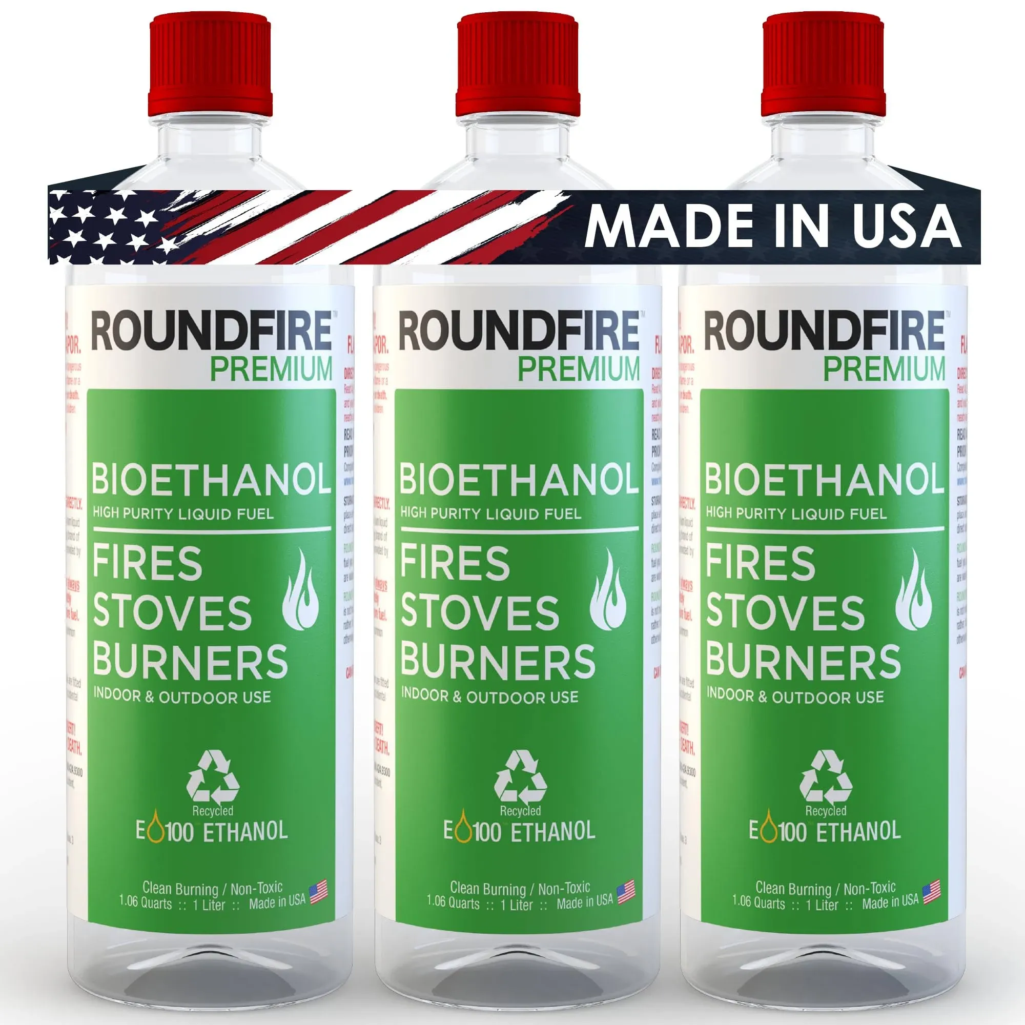 ROUNDFIRE Premium 3 x 1 Litre - Bioethanol Fuel for Fireplaces, Stoves and Burners (3 Quart)