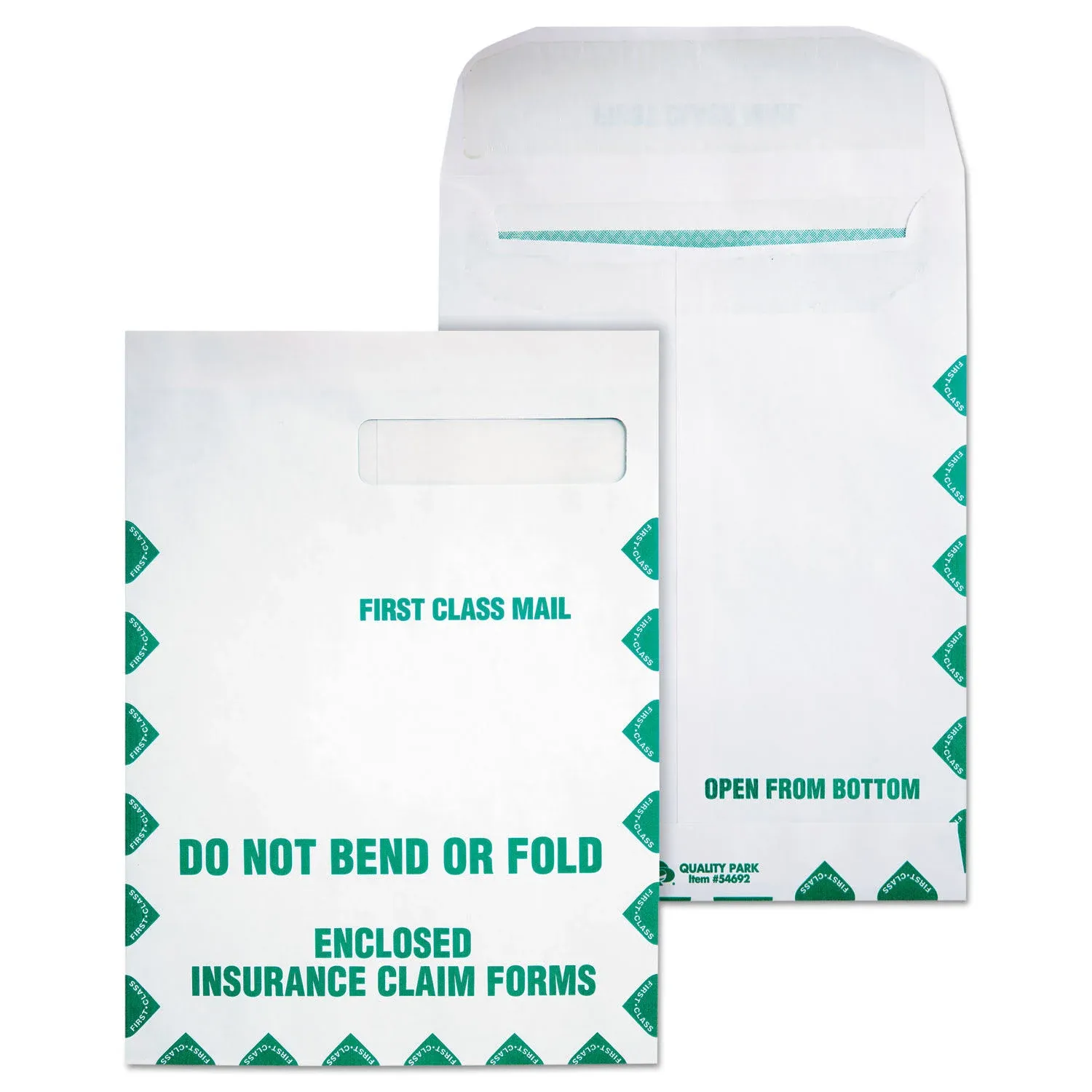 Quality Park Health Claim Insurance Envelopes, with Security Tint and First Class Border, for Medicare Form HCFA-1508 and other Healthcare Forms, 28 lb. White Wove, 100/Box (QUA54692)