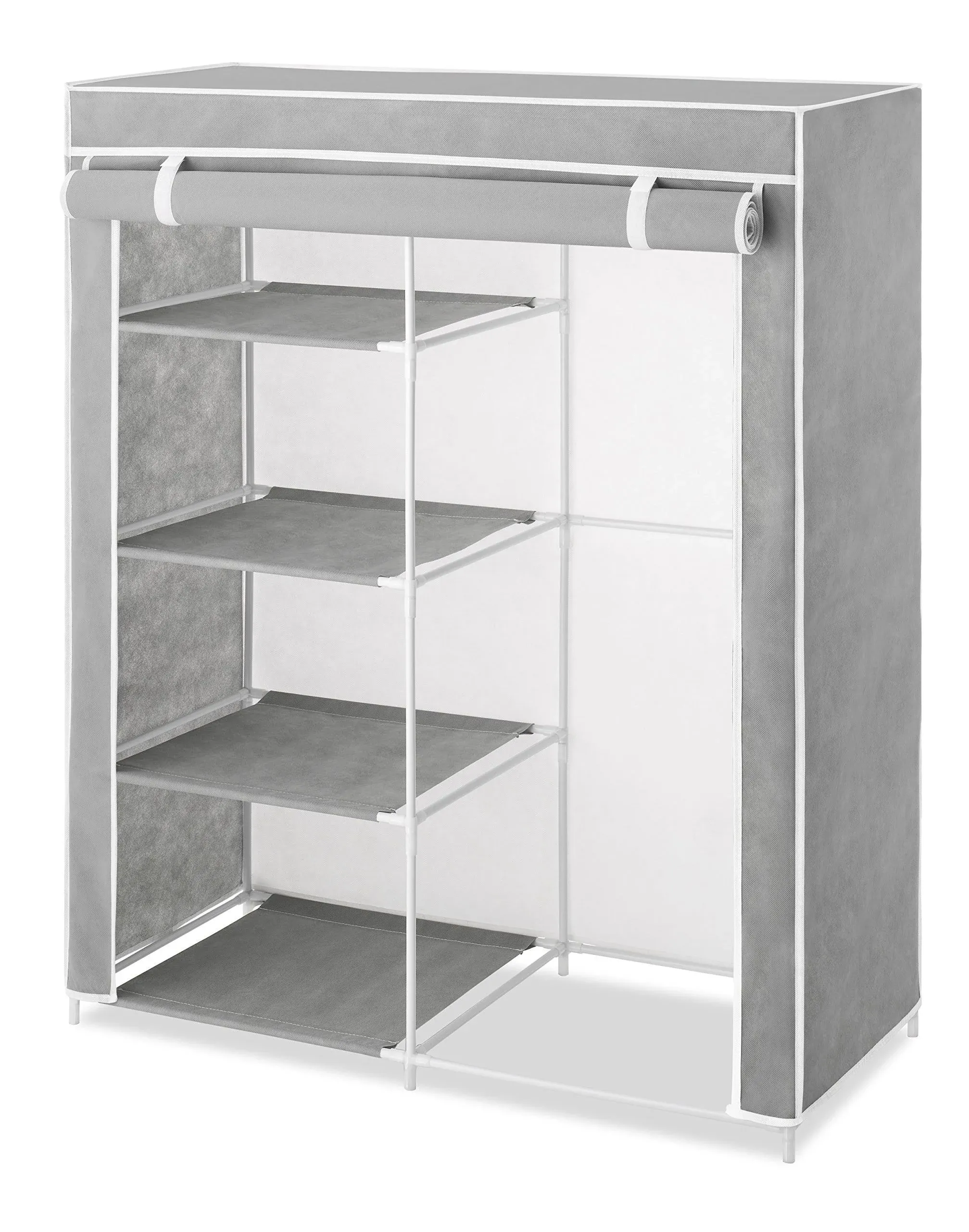 Whitmor Compact Clothes Closet - Space Saving - 4 Shelves and Hanging Closet Rod - Grey