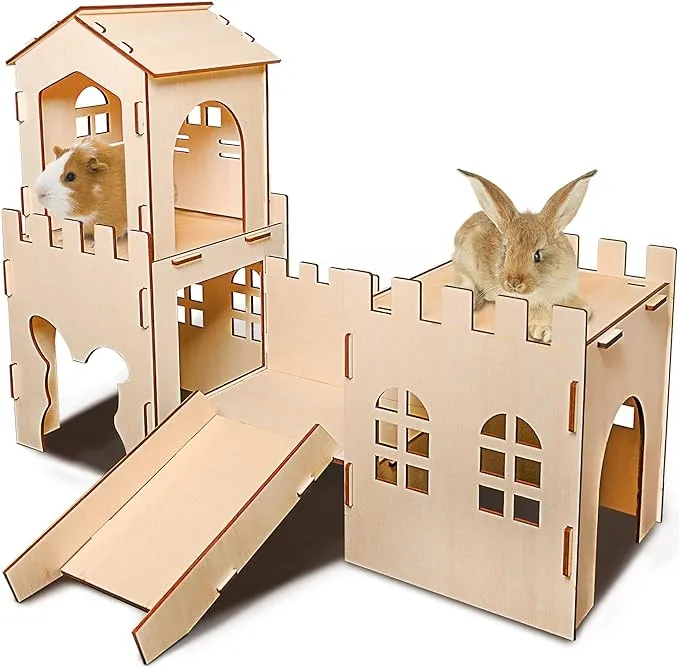 Extra Large Wooden Rabbit Castle Hideaway Tunnel and Bed Small Animal Hideaway Hut Solid Safe Construction Play Hideaway Hut for Rabbit Guinea Pig Chinchilla