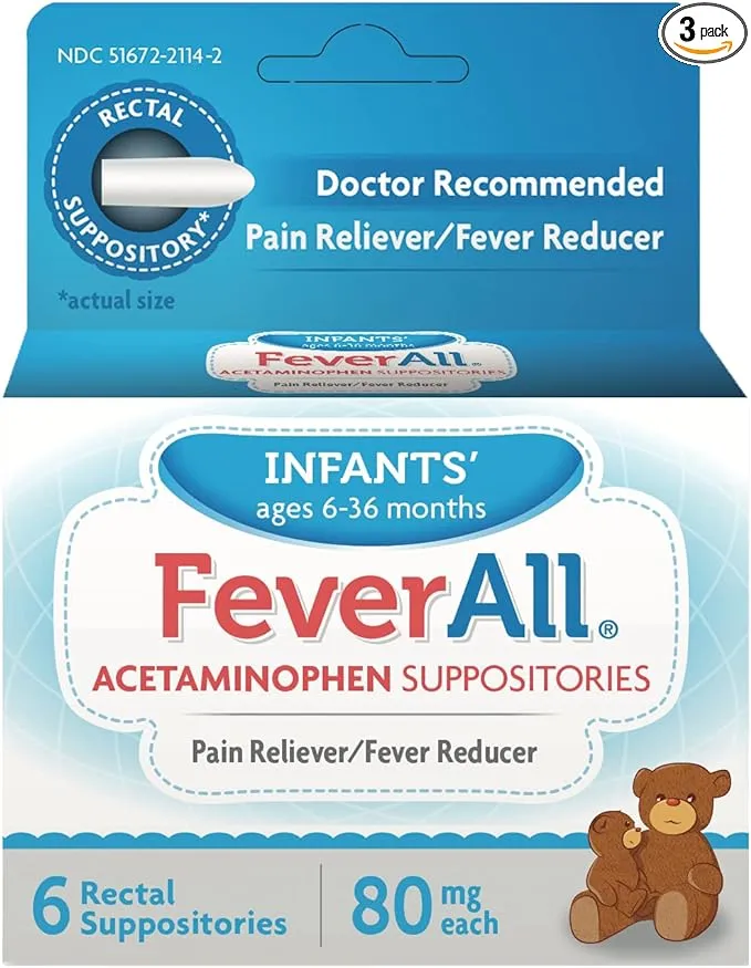 Feverall Infant Acetaminophen Suppositories 6 Rectal Suppositories 80mg Each Pain Reliever/Fever Reducer. Paraben Free, No Artificial Colors or Other preservatives. Ages 6-36 Months. Value 3 Pack.