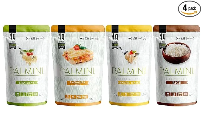 NEW !! Palmini Pouch VARIETY PACK | Linguine | Angel Hair | Lasagna | Rice | 4g of Carbs | As Seen On Shark Tank | Gluten Free (12 Ounce (Pack of 4))