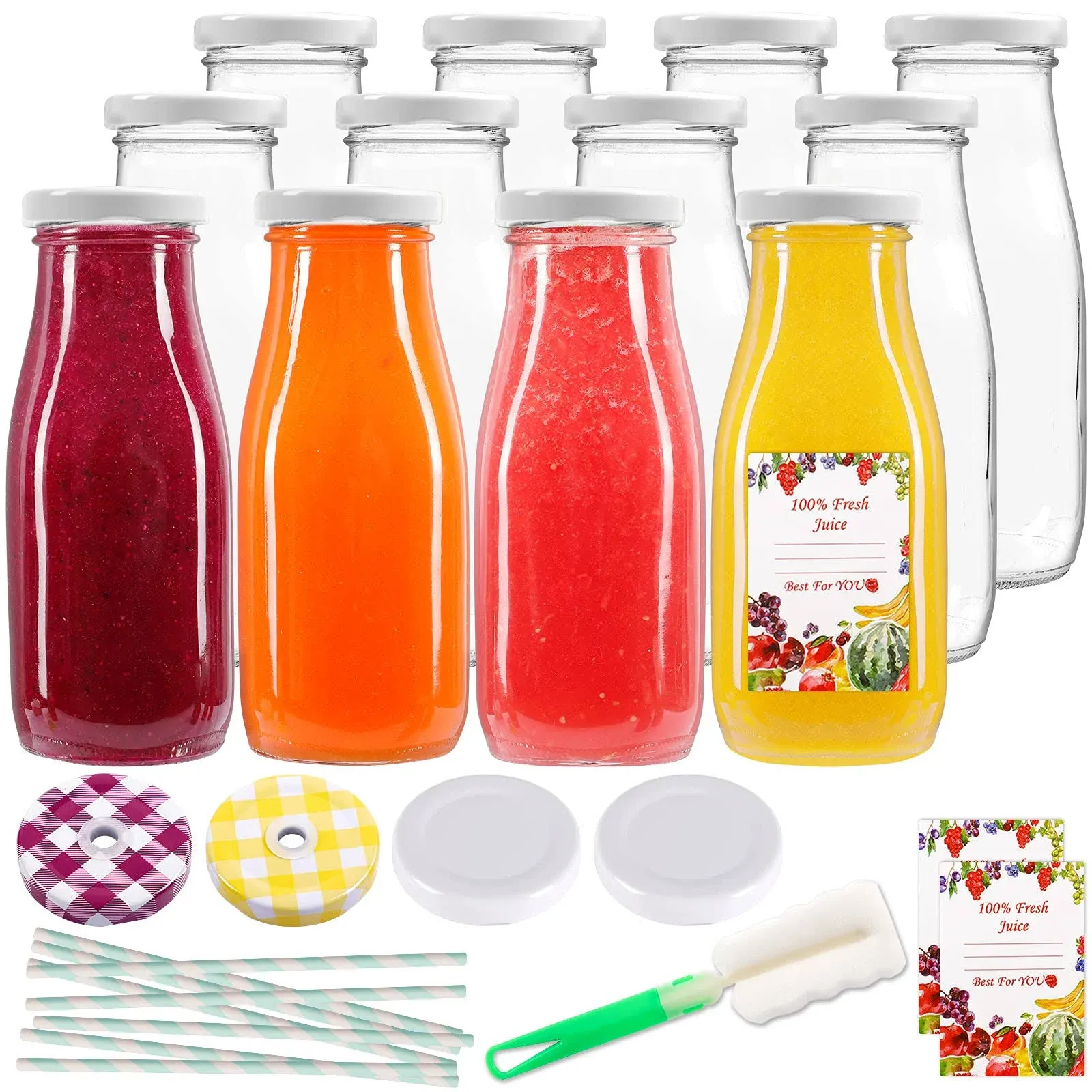 Reusable Glass Juice Bottles with Caps and Straws for Juicing, Milk, Smoothie...