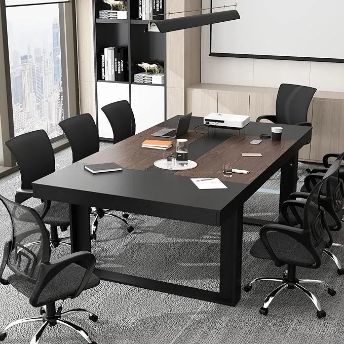 ECACAD 7FT Conference Table for 6-8 People, Large Rectangular Meeting Table, Modern Seminar Table for Office Meeting Conference Room, Black and Deep Brown (86.8”L x 47.2”W x 29.4”H)