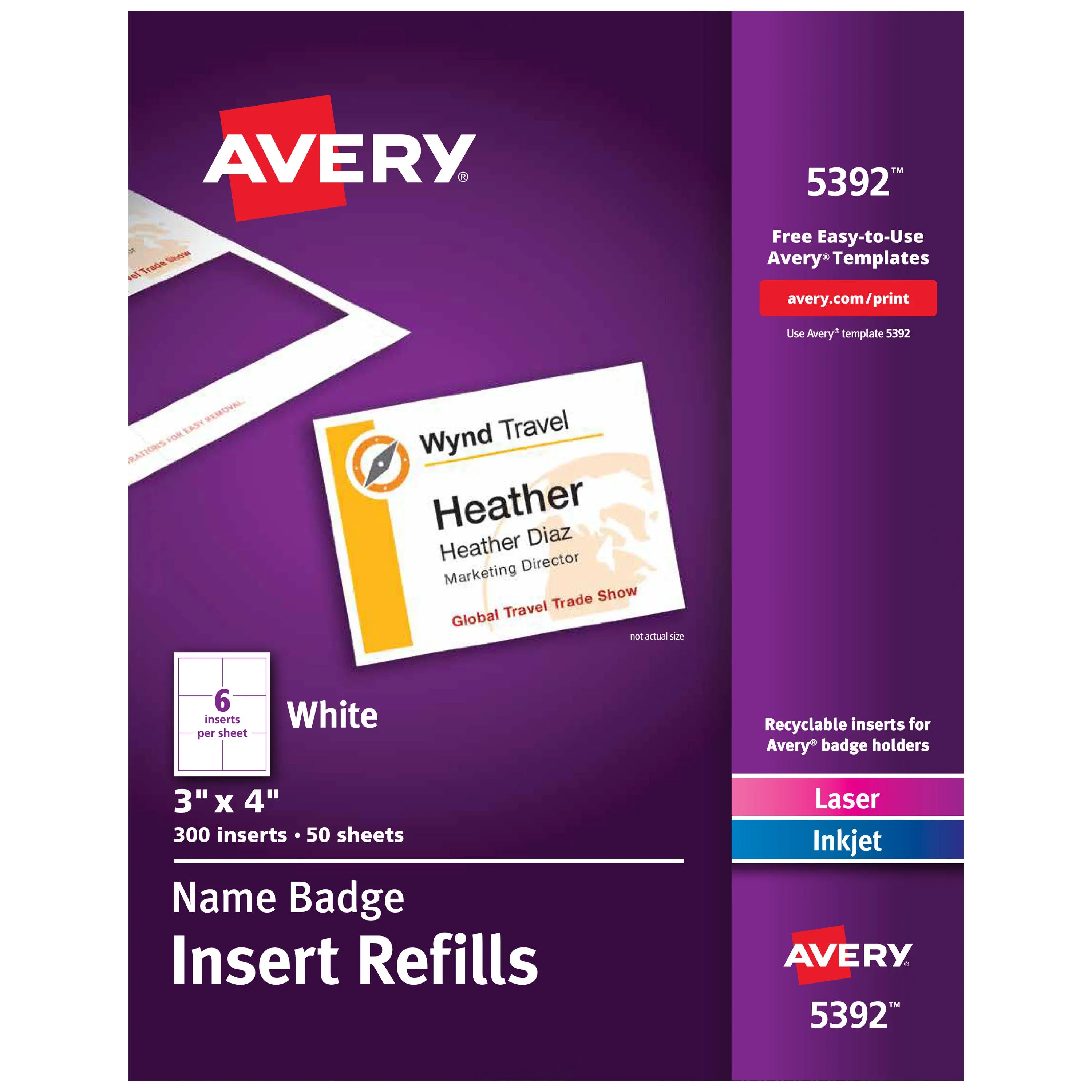 Avery 5392 Name Badge Insert Refills, White - 300/Box