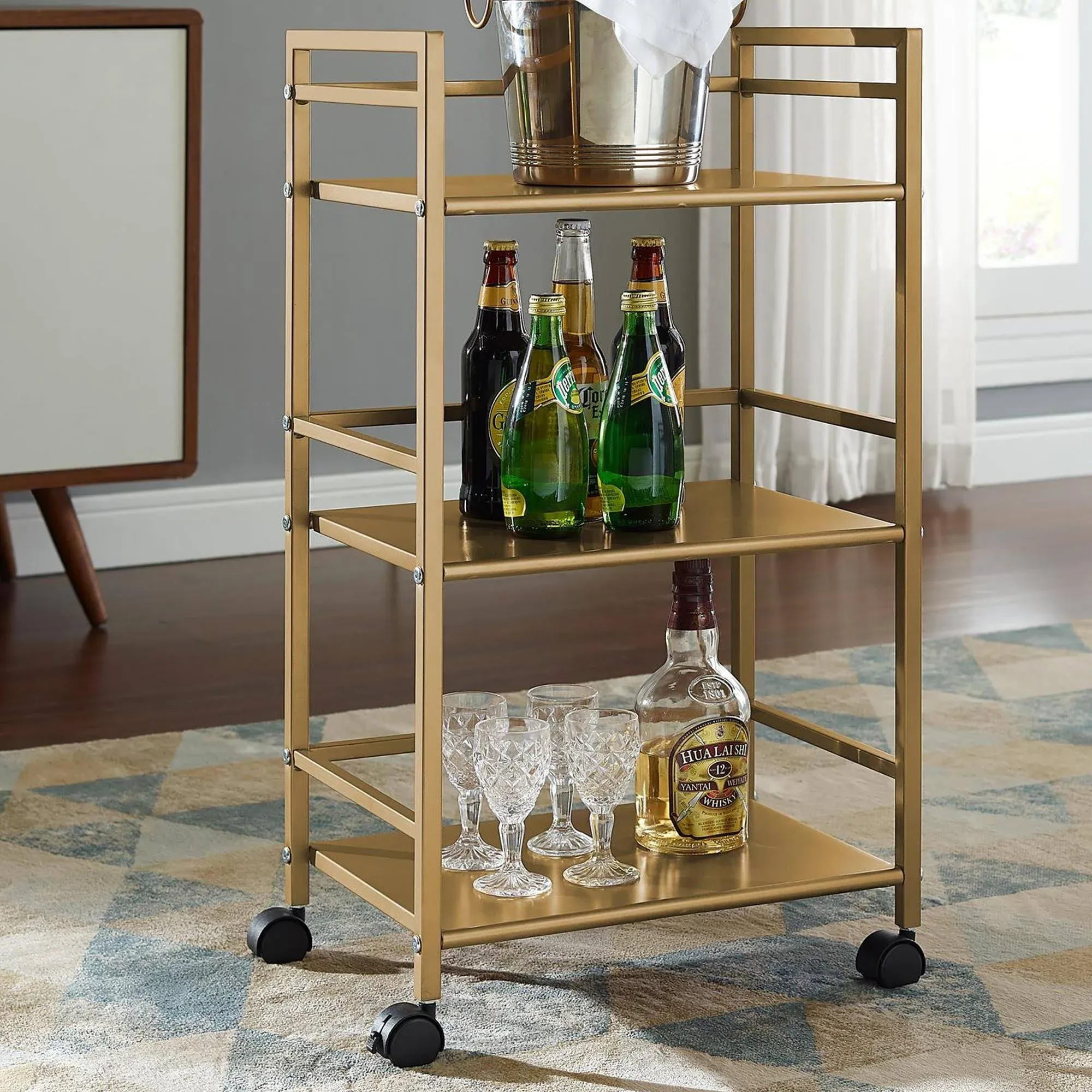 Novogratz Helix 3 Shelf Metal Rolling Utility Cart, Gold