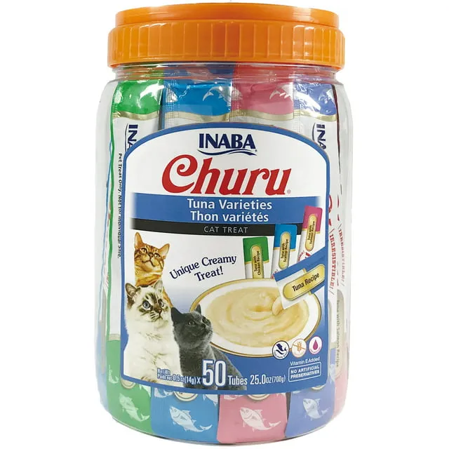 INABA Churu Tuna Lickable Creamy Purée Cat Treats 4 Flavor Variety Pack of 50 Tubes