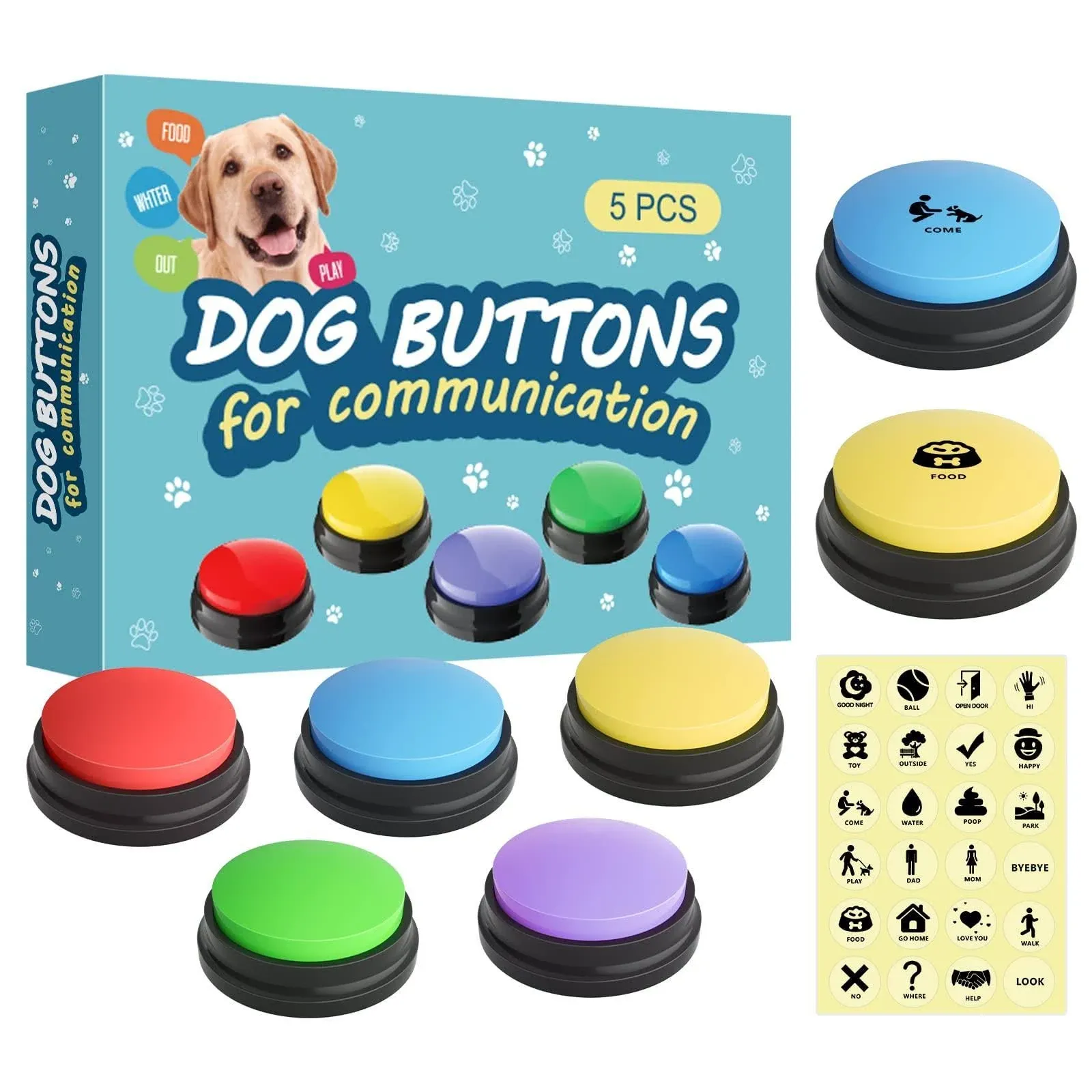 5 Pack-Dog Buttons for Communication Starter Pack,𝘿𝙤𝙜 𝘽𝙪𝙩𝙩𝙤𝙣𝙨 𝙏𝙖𝙡𝙠,Training Pet to Speaking Buttons,Speech Buttons with Words Voice Record Buttons,Push Buttons to Talk-Dog Gifts&Stuff