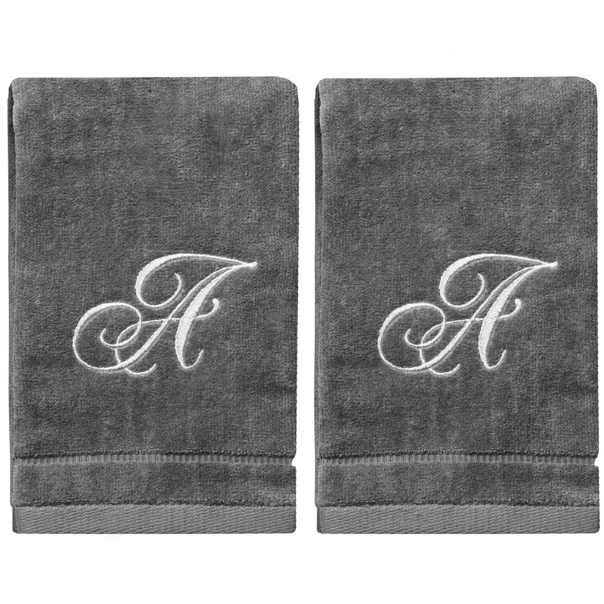 Monogrammed Towels Fingertip, Personalized Gift, 11 x 18 Inches - Set of 2- Silver Embroidered Towel - Extra Absorbent 100% Cotton- Soft Velour Finish - For Bathroom/ Kitchen/ Spa- Initial R (Gray)