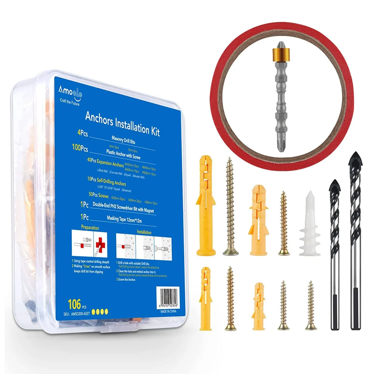 amoolo 106pcs Concrete Anchors and Screws Assortment Kit, for Drywall, Concrete ...