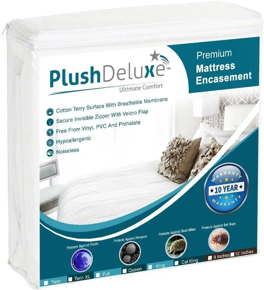 Full PlushDeluxe Premium Mattress Encasement  Zipped Waterproof BedCover 6-Sided