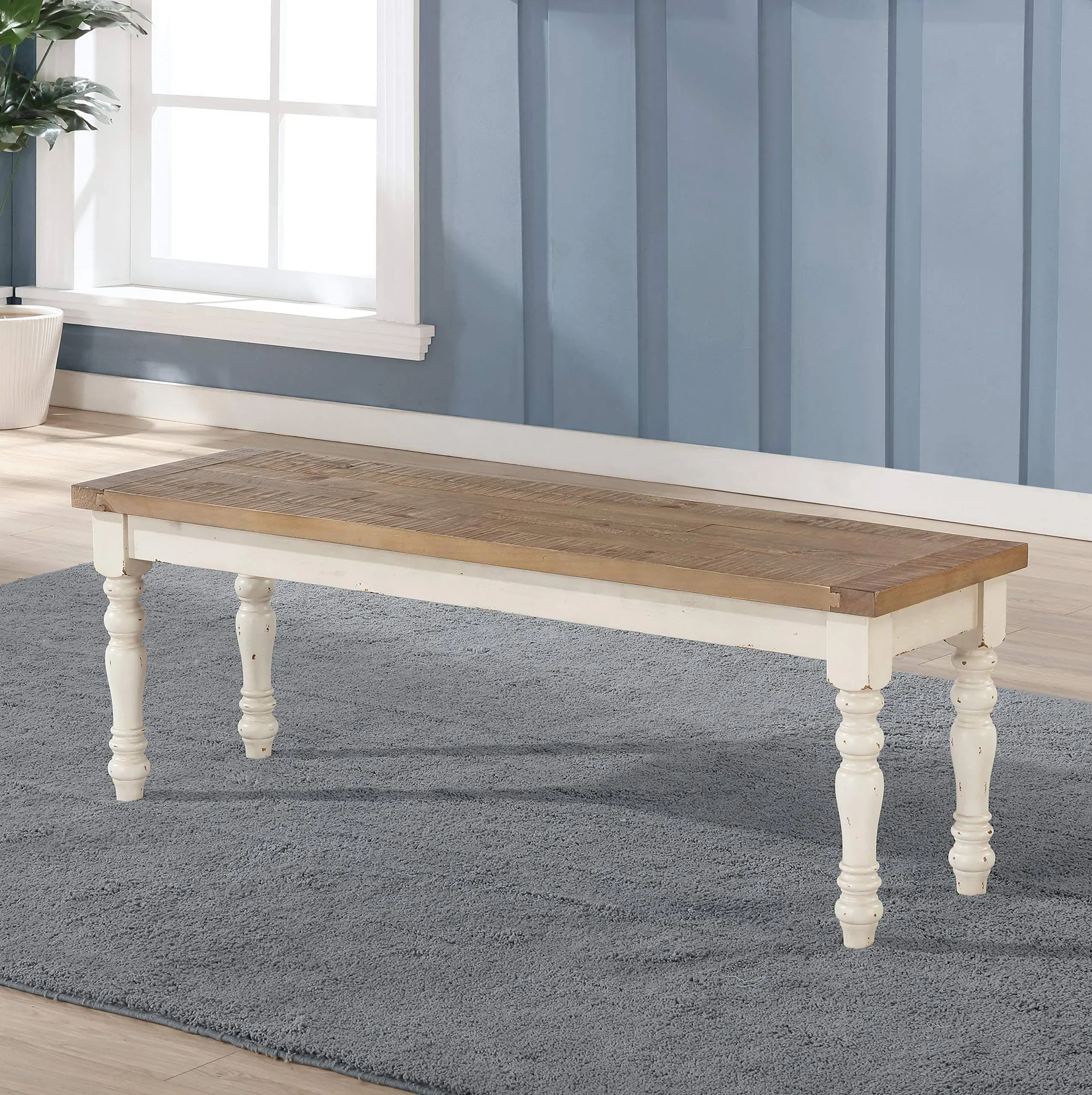 Roundhill Furniture Prato Two-Tone Wood Upholstered Dining Bench, Antique White ...