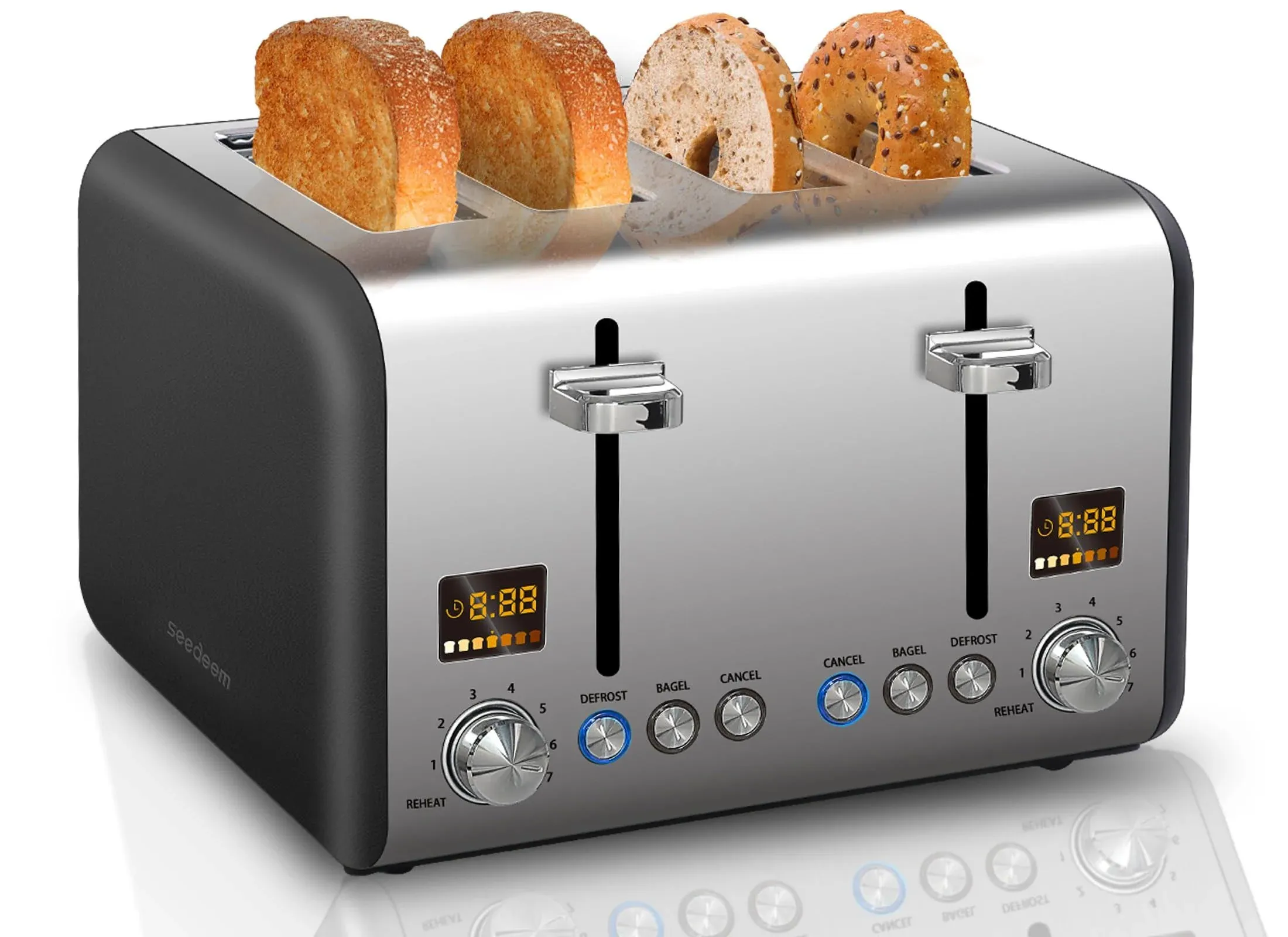 SEEDEEM 4 Slice Toaster Stainless Bread Toaster Colorful LCD Display 7 Bread ...