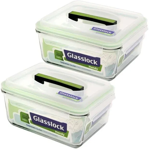 Glasslock Airtight Anti Spill Rectangular Handy Food Container set of 2 Tempered Glass 1800ml/7.6cup RP601 Microwave Safe