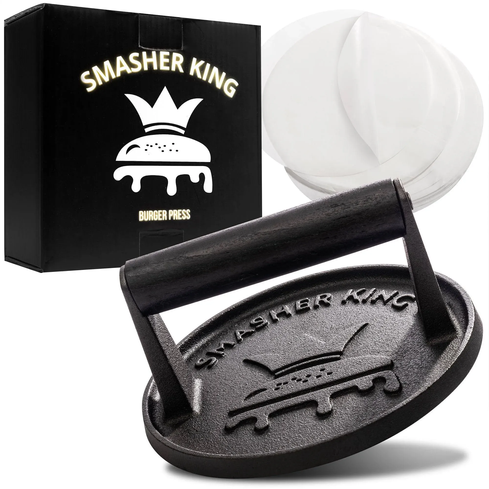 SMASHER KING™ - Premium Cast Iron Smash Burger Press incl. 25 pcs of Patty Pa...